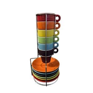Pier 1 Imports Rainbow Espresso Set 6 Mugs Saucers Storage Rack Early 2000s
